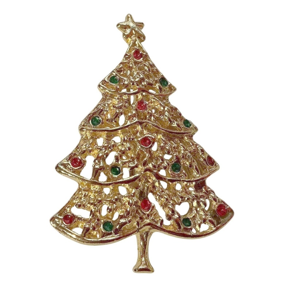 AAI Christmas Tree Brooch Vintage Gold Tone‎ Rhinestone Holiday Pin